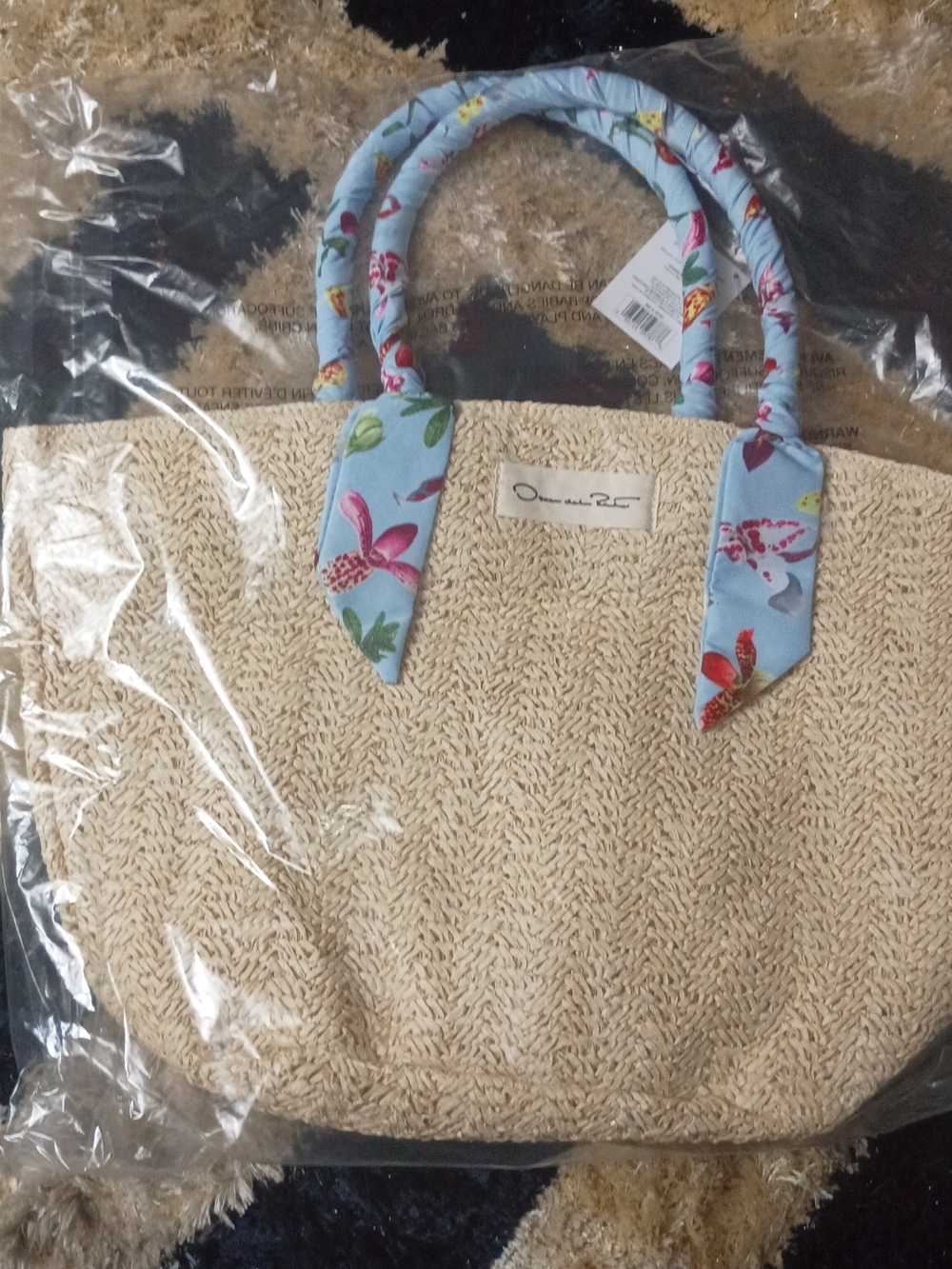Oscar De La Renta Woven Straw Tote with Blue Floral Handles
